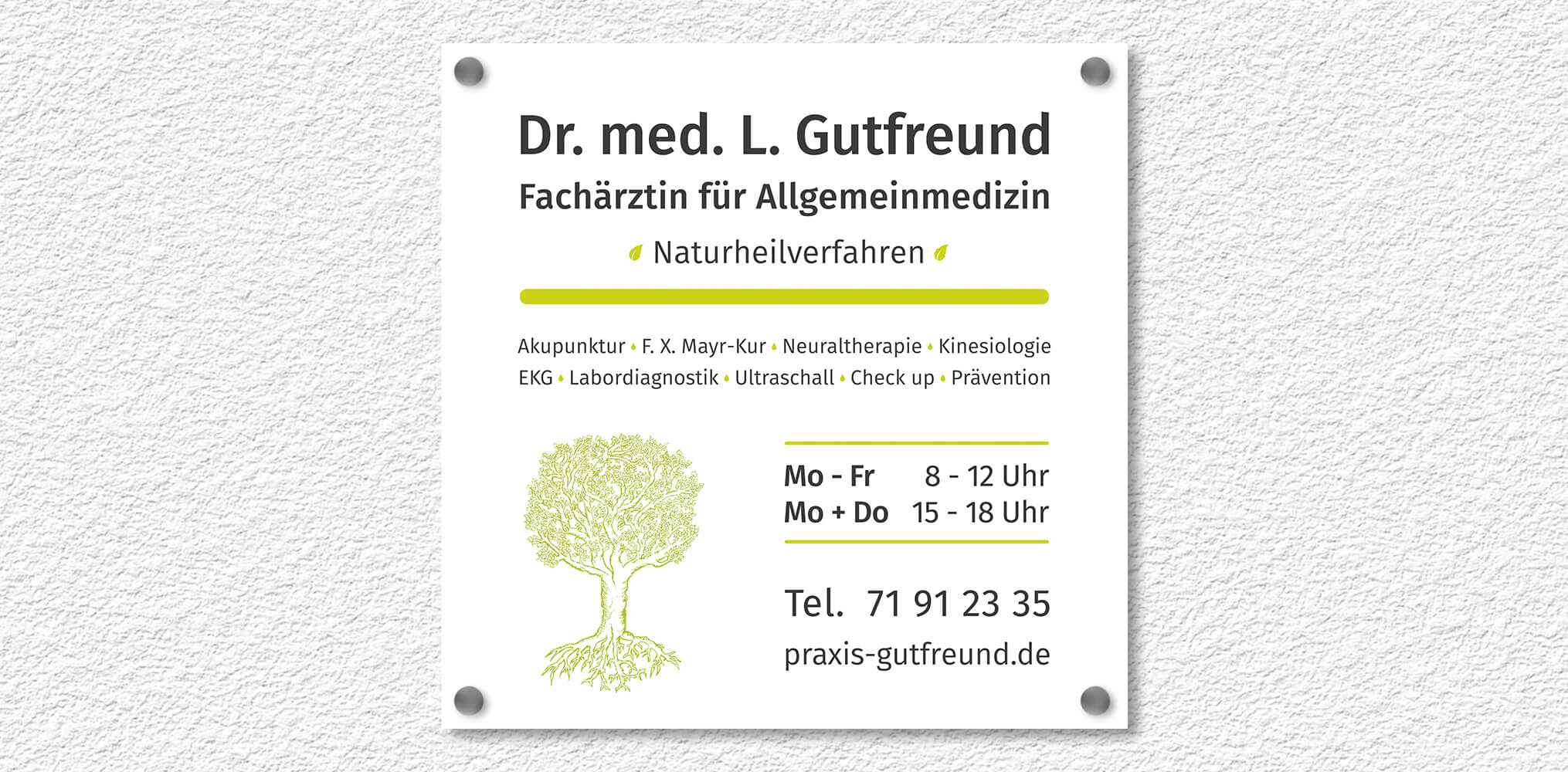 Markenkuss Referenzen: Schild Eingang Straße für Praxis Dr. Gutfreund