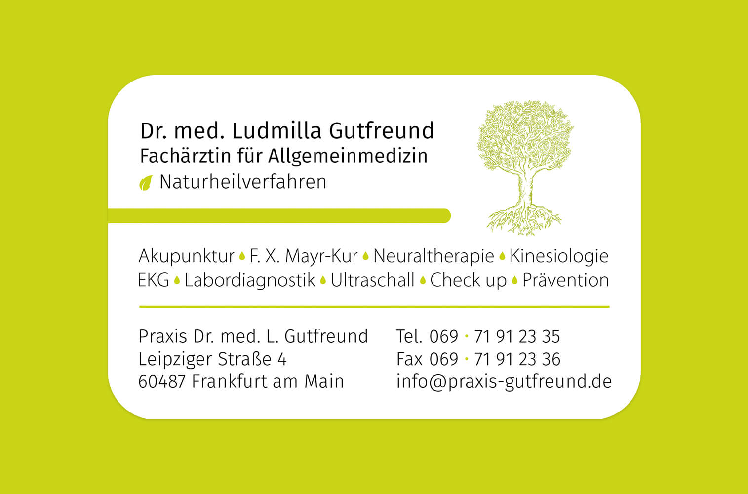Markenkuss Referenzen: Visitenkarte Vorderseite für Praxis Dr. med. Ludmilla Gutfreund