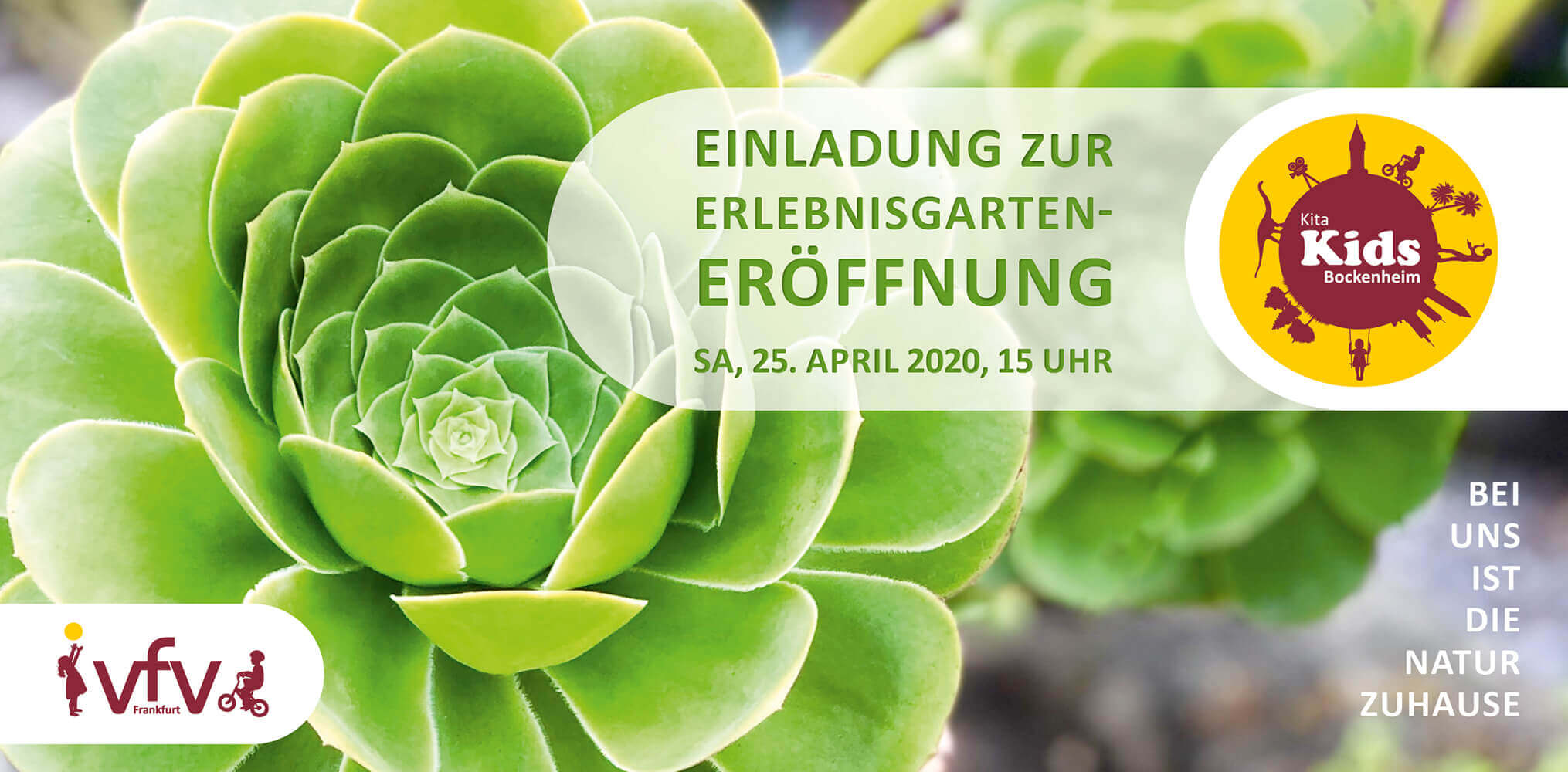Markenkuss Referenzen: Flyer Einladung Eröffnung Erlebnisgarten Titel für Kita Kids Bockenheim