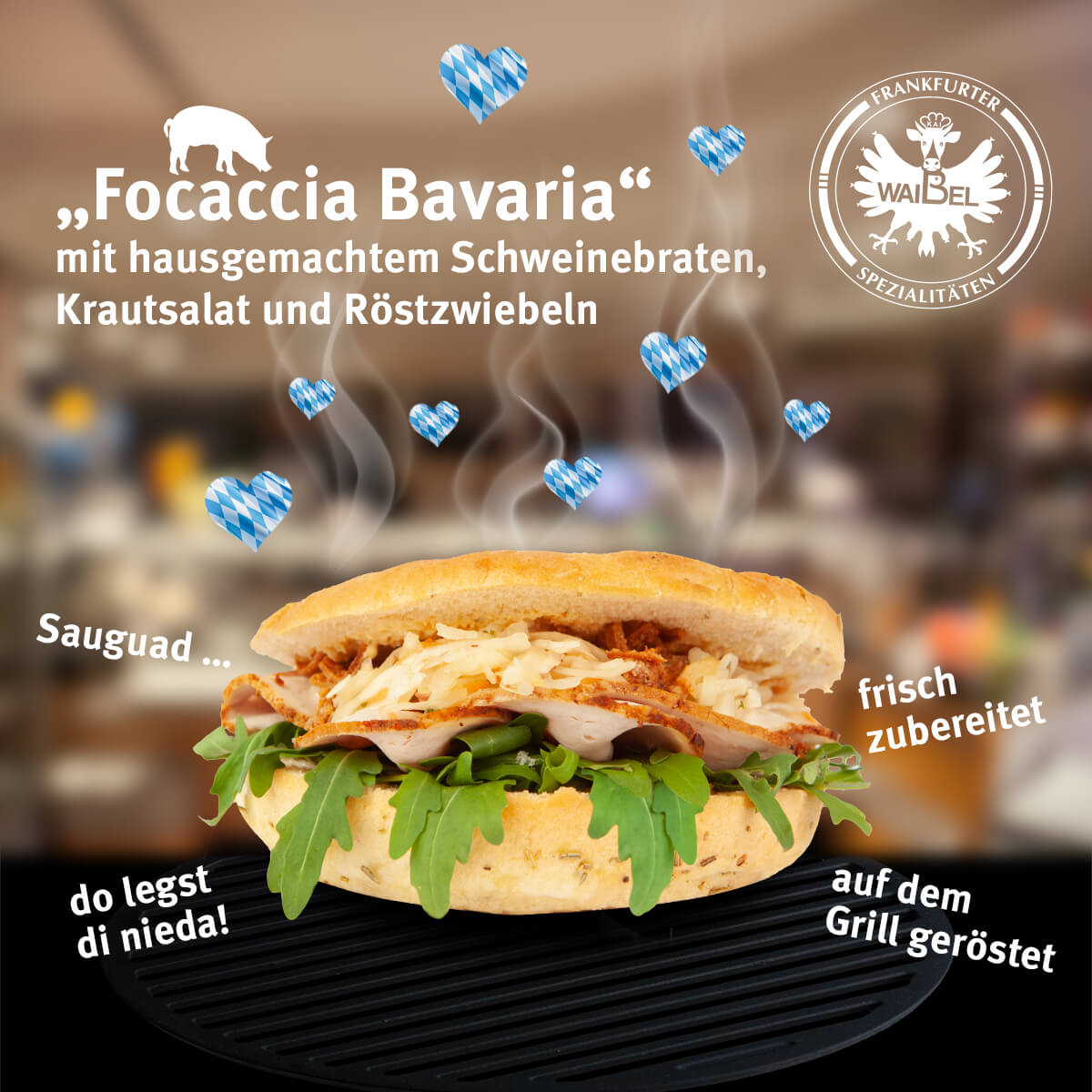 Markenkuss Referenzen: Fotografie Bildkomposition und Grafik Focaccia Bavaria für Metzgerei Waibel