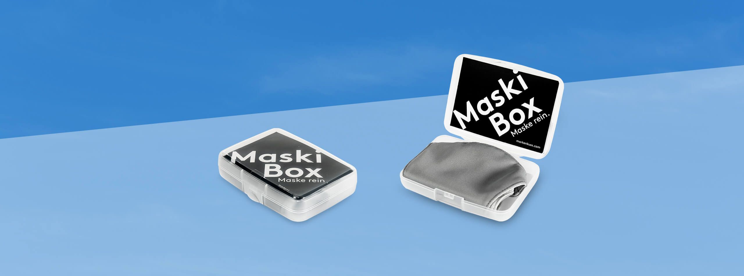 Maskenboxen mit individuellem Druck, Maski-Box by Markenkuss, Hygiene-Werbeartikel