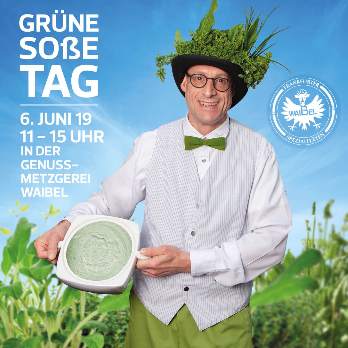 Markenkuss Referenzen: Event Einladung für Screen und Social Media mit Kai Waibel im Kräuter Feld mit Grüner Soße für Metzgerei Waibel