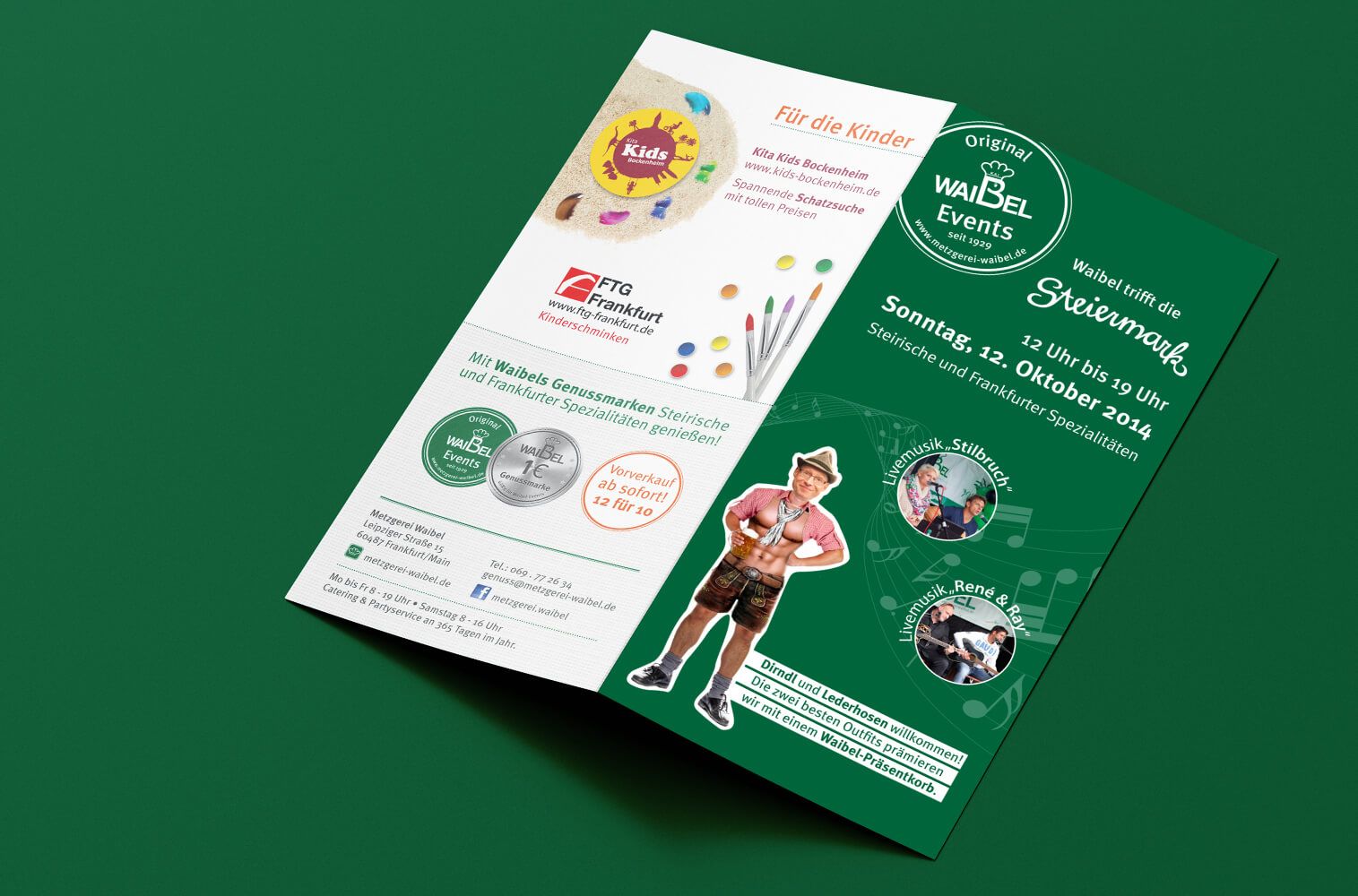 Markenkuss Referenzen: Faltflyer Waibel trifft die Steiermark für Metzgerei Waibel 
