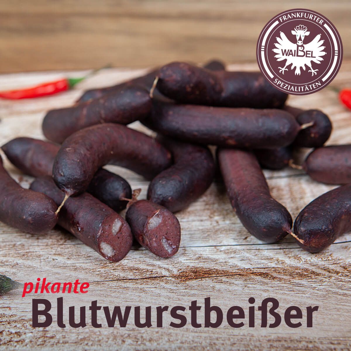 Markenkuss Referenzen: Fotografie, Bildkomposition und Grafik Pikante Blutwurstbeißer für Metzgerei Waibel