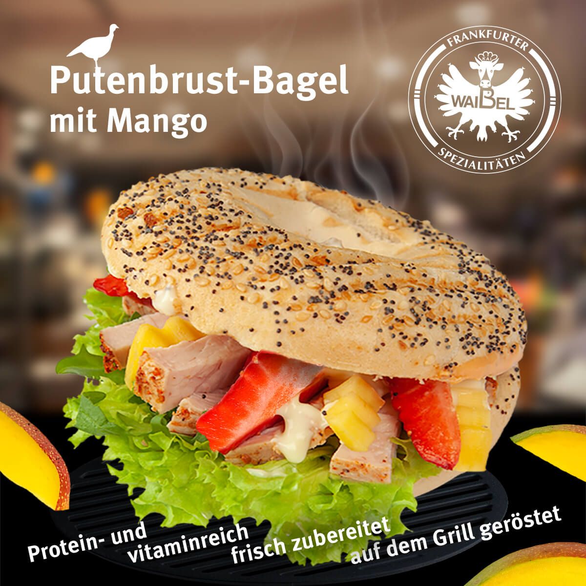 Markenkuss Referenzen: Fotografie, Bildkomposition und Grafik Putenbrust-Bagel für Metzgerei Waibel